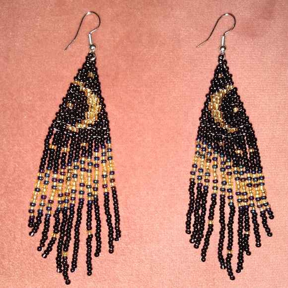 Night Sky Black Gold Crescent Moon and Stars Seed Beaded Earrings Long Celestial - Picture 3 of 7